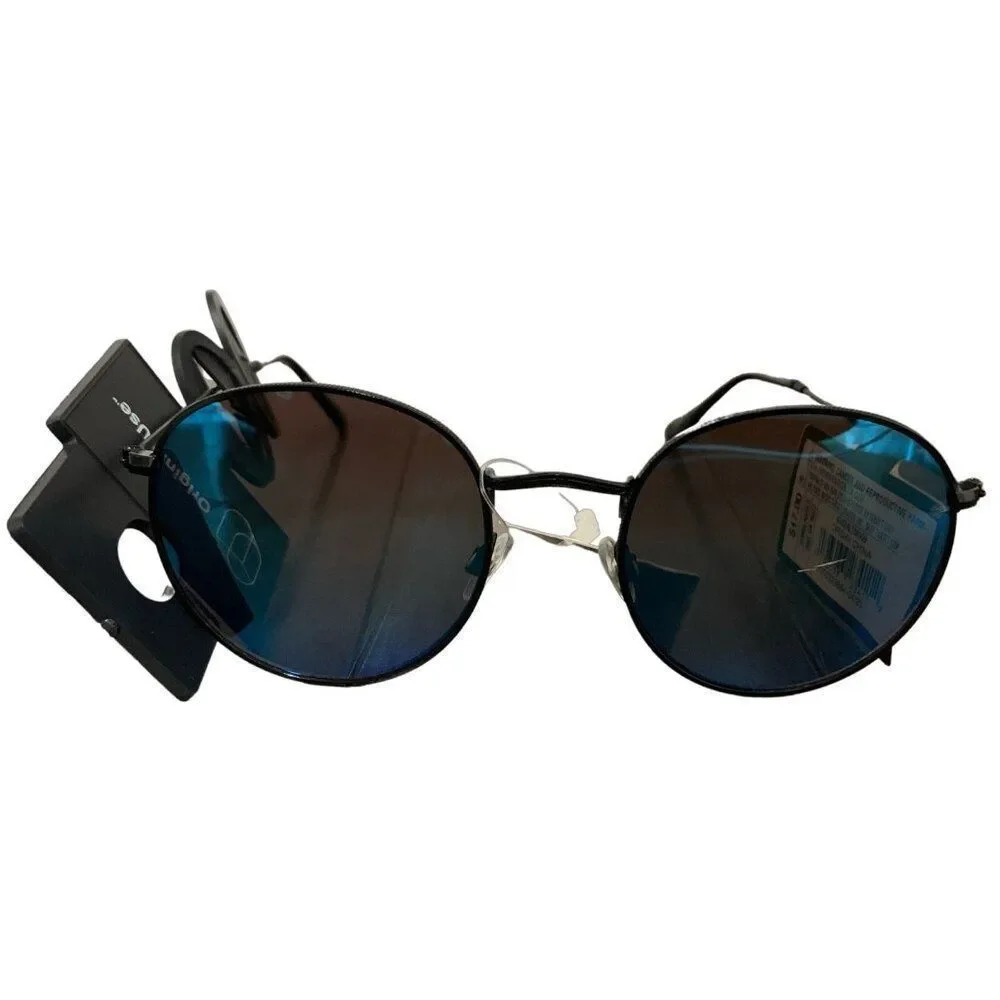 Original use womens New black frame blue metallic round sunglasses